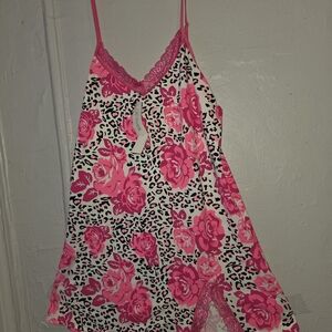 Vibrant Pink Floral Chemise with Black Accents